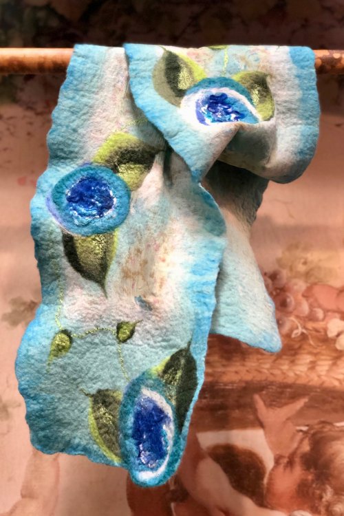Agnes Foss - Felted Merino Scarf / Wrap - Blue Roses on White Background with Blue Edging and Silk Inserts